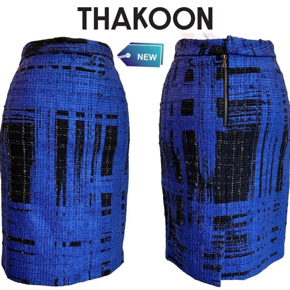 Thakoon NWT Black Royal cobalt Blue Abstract Pencil Skirt Sz 6
